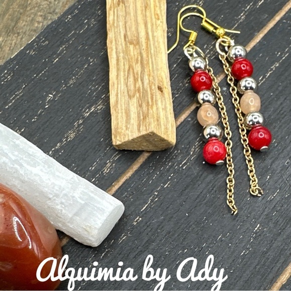 ROUND DANGLE MULTI STONES IN RED EXTRA LONG BOHO EARRINGS - Picture 1 of 1